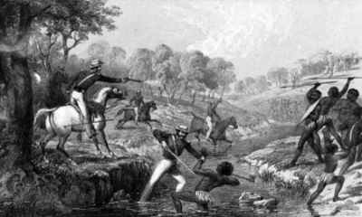 Mounted police attacking Aborigines during the Slaughterhouse Creek Massacre, 1838