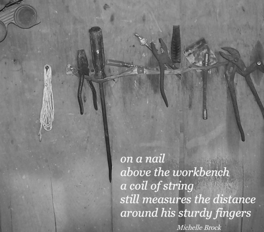 Haiga of tools on wall with some string hanging on a nail: on a nail / above the workbench / a coil of string / still measures the distance / around his sturdy fingers
