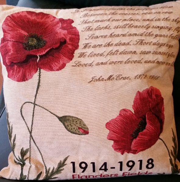 Cushion with Flanders field poem and poppies