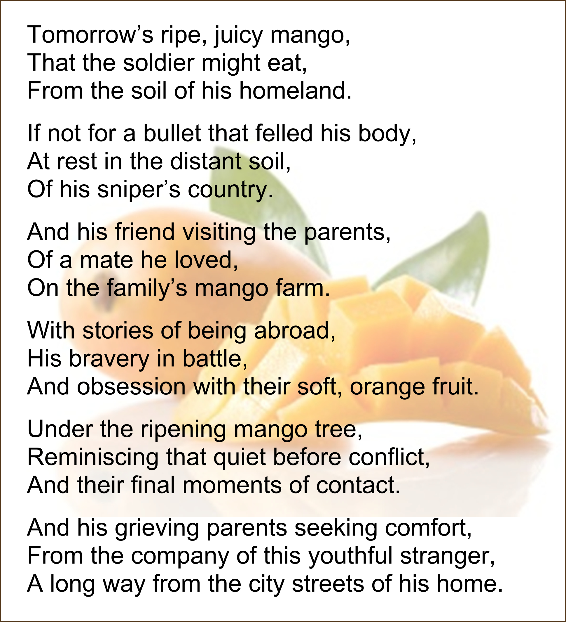 Poem over picture of a mango