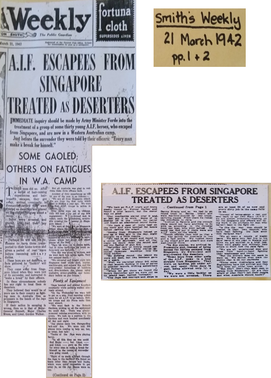 <cite>Smith’s Weekly</cite> article from 1942: “A.I.F. Escapees from Singapore Treated as Deserters”